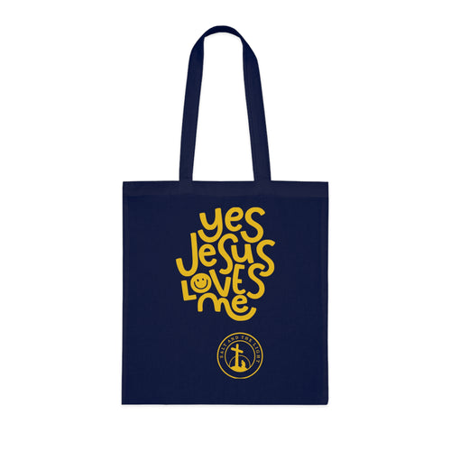 Christian Tote Bag — “Yes Jesus Loves Me” Blue Cotton Shopper