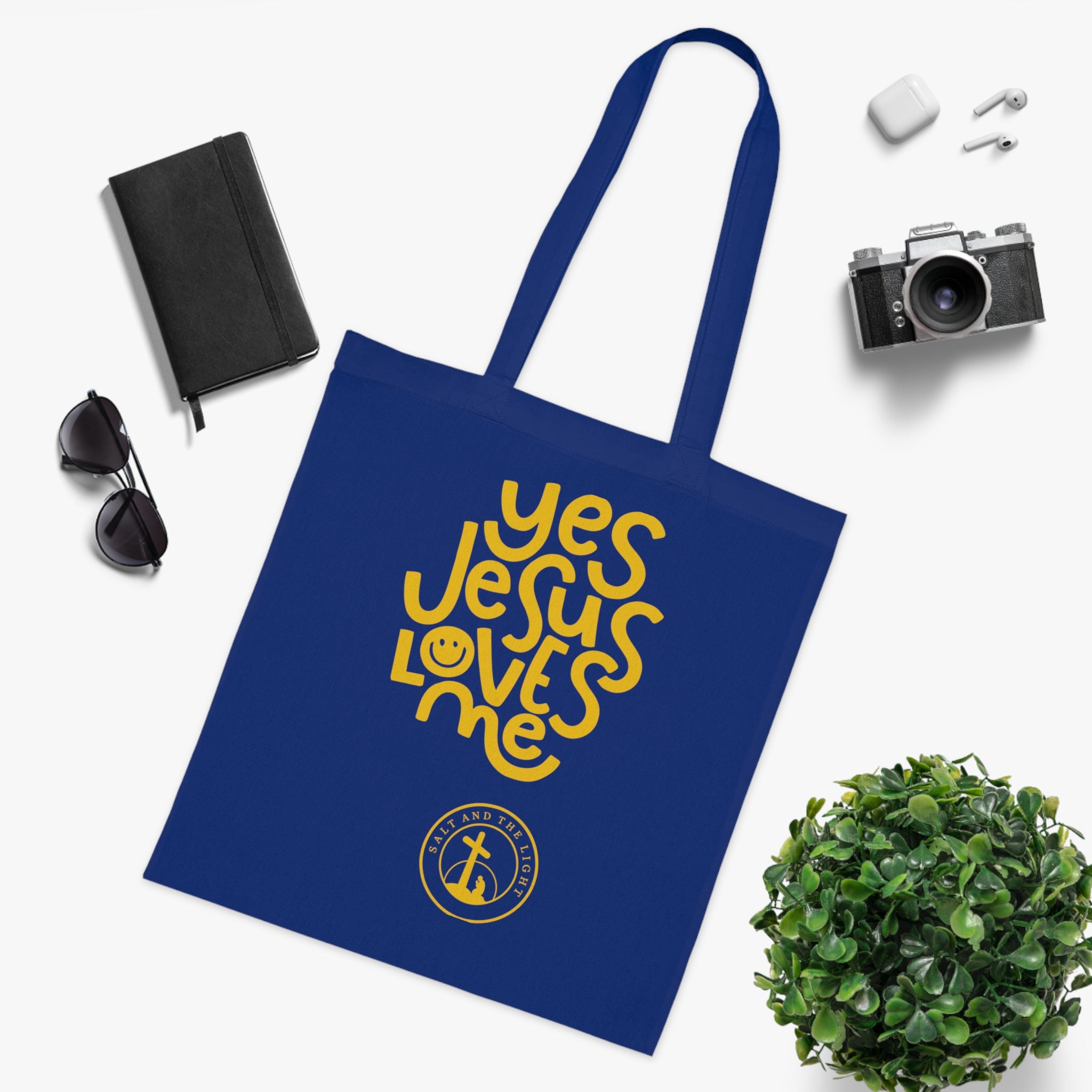 Christian Tote Bag — “Yes Jesus Loves Me” Blue Cotton Shopper