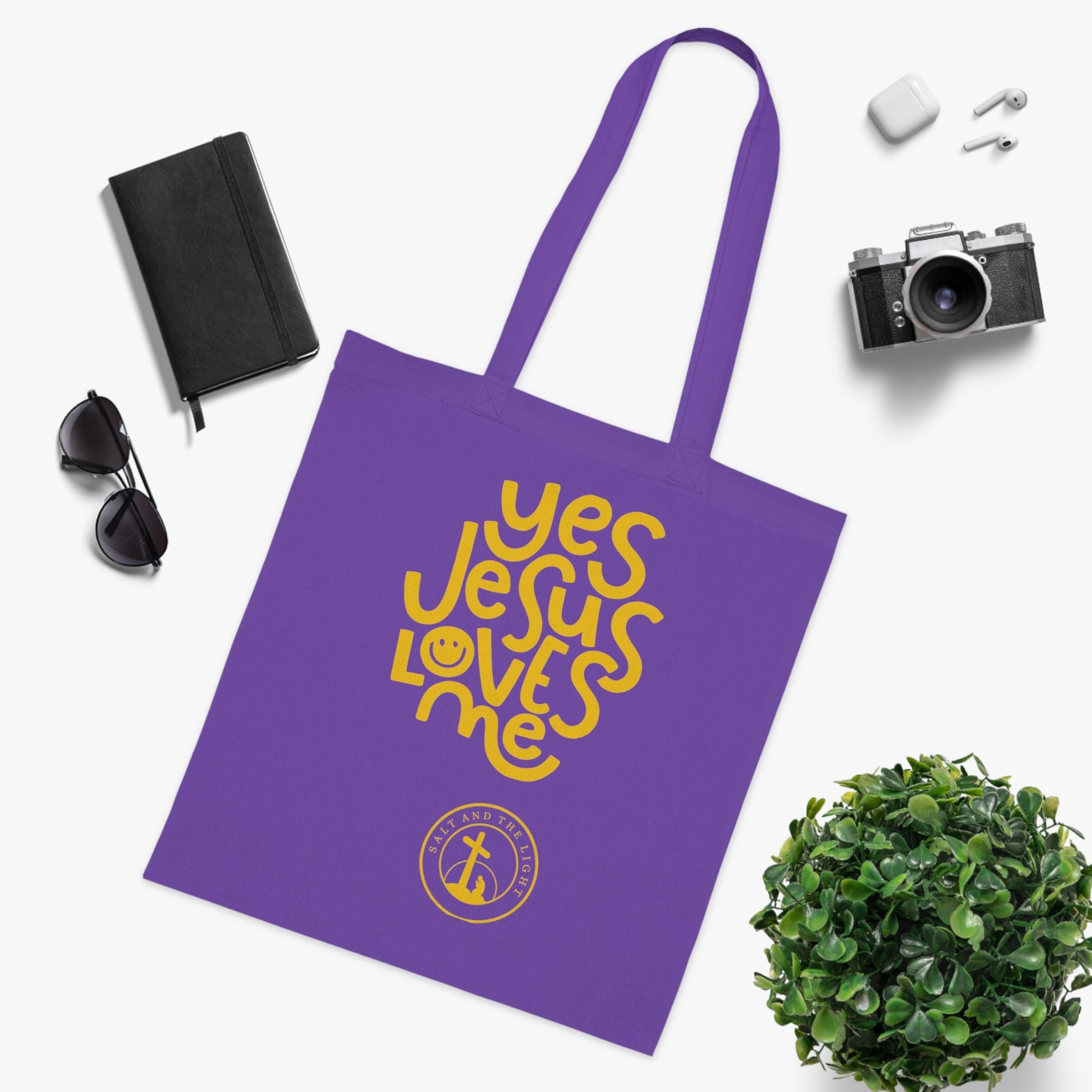 Christian Tote Bag — “Yes Jesus Loves Me” Blue Cotton Shopper