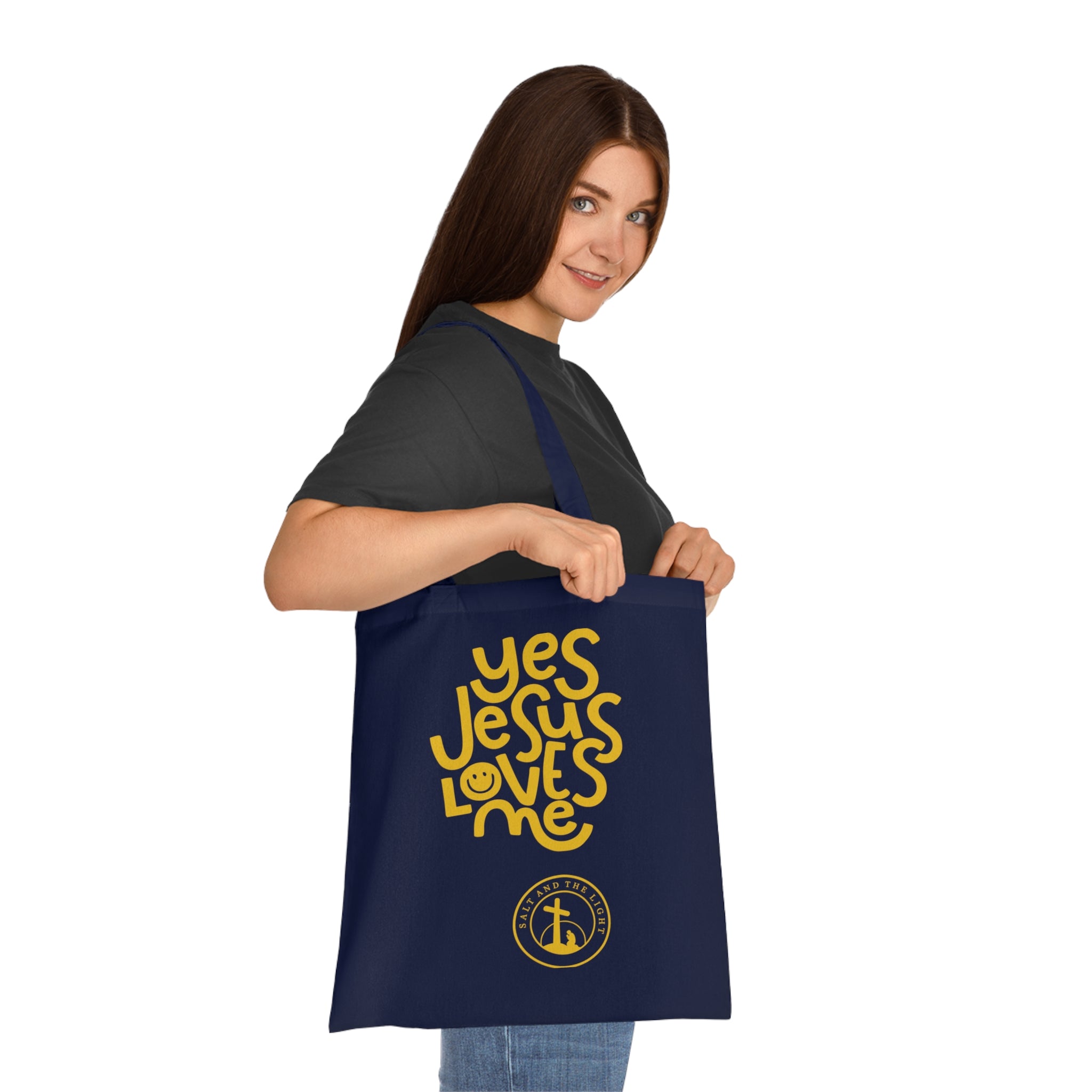 Christian Tote Bag — “Yes Jesus Loves Me” Blue Cotton Shopper