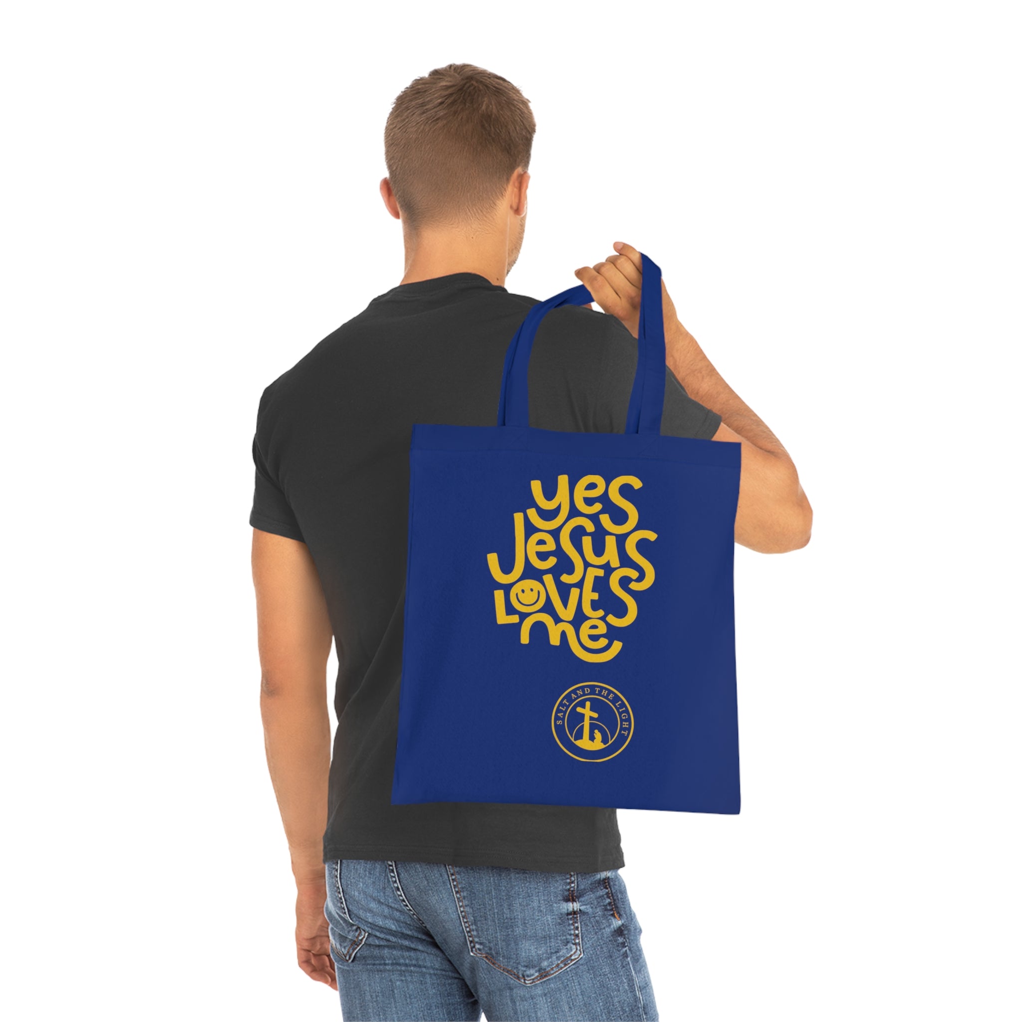 Christian Tote Bag — “Yes Jesus Loves Me” Blue Cotton Shopper